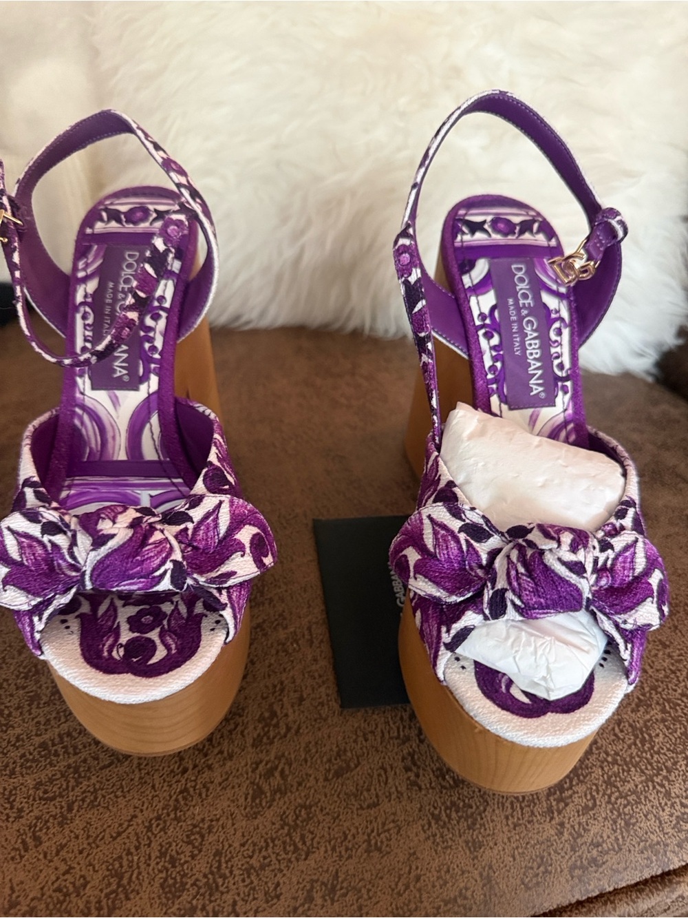 Dolce & Gabbana Purple Printed Platform Sandals with Tan Block Heel